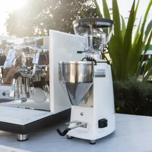 CUSTOM GLOSS WHITE ECM SYNCHRONIKA WITH MAZZER MINI IN WHIITE & WOODEN ECM HANDLES + PRECISION ACCESSORIES